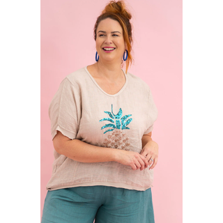 Description This Pina Colada Tee will have you feeling fresh and fabulous! Crafted from lightweight linen, it features a sparkly sequin pineapple for a fun and fashionable twist. Just the right color to match your bright summery mood, this one-size-fits-all tee is sure to become a quirky style staple!  Key Features Quality 100% Linen Loose one size