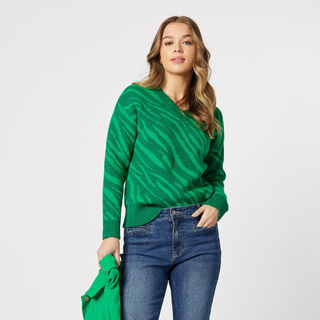 The gorgeous Rio knit v-neck jumper in a stunning jade green color, is perfect for adding a pop of color to any outfit. The jumper also features a trendy tiger print woven pattern in a lighter shade, making it a unique and stylish piece for any wardrobe. 