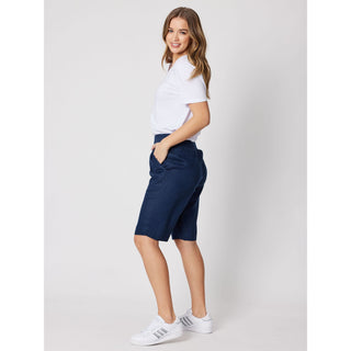 Marine blue linen knee length women's short. Buy now from Love Moi Boutique online.