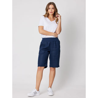  37407MARINEG_1  1500 × 2000px  Marine blue linen knee length women's short. Buy now from Love Moi Boutique online.