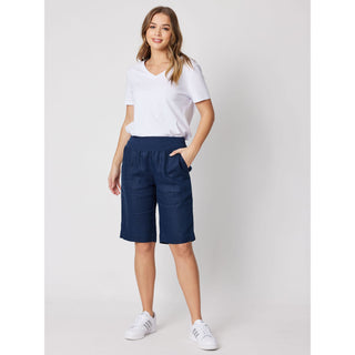       37407MARINEG_1  1500 × 2000px  Marine blue linen knee length women's short. Buy now from Love Moi Boutique online.