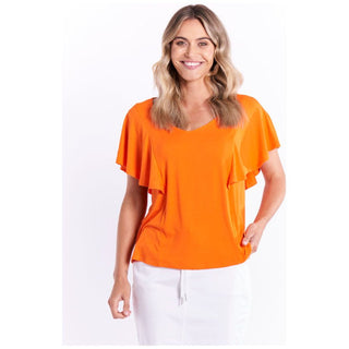 Orange frill sleeve tee shirt in viscose fabric. Available from Love Moi Boutique.