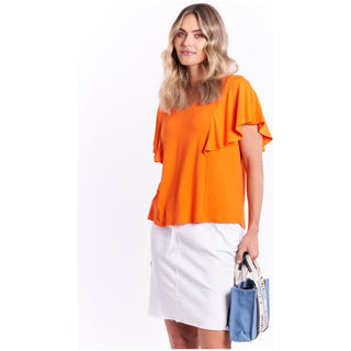 Orange frill sleeve tee shirt in viscose fabric. Available from Love Moi Boutique.