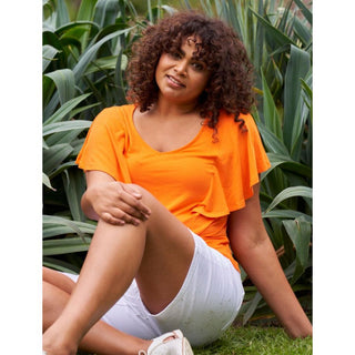 Orange frill sleeve tee shirt in viscose fabric. Available from Love Moi Boutique.