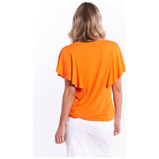 Orange frill sleeve tee shirt in viscose fabric. Available from Love Moi Boutique.