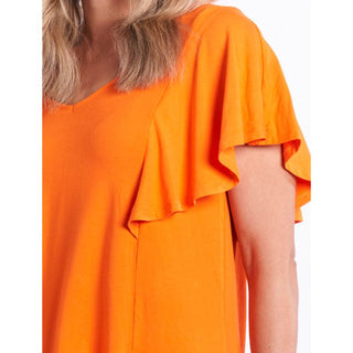 Orange frill sleeve tee shirt in viscose fabric. Available from Love Moi Boutique.