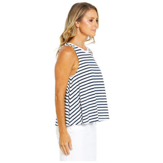 Navy and White sleeveless cotton top with round neckline available from Love Moi Boutique.