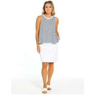 Navy and White sleeveless cotton top with round neckline available from Love Moi Boutique.