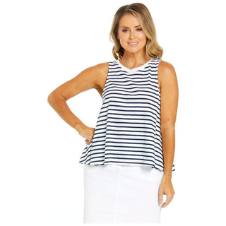 Navy and White sleeveless cotton top with round neckline available from Love Moi Boutique.