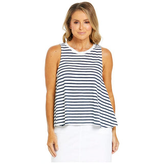 Navy and White sleeveless cotton top with round neckline available from Love Moi Boutique.