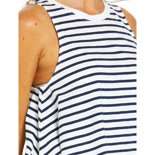 Navy and White sleeveless cotton top with round neckline available from Love Moi Boutique.