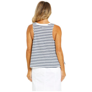 Navy and White sleeveless cotton top with round neckline available from Love Moi Boutique.